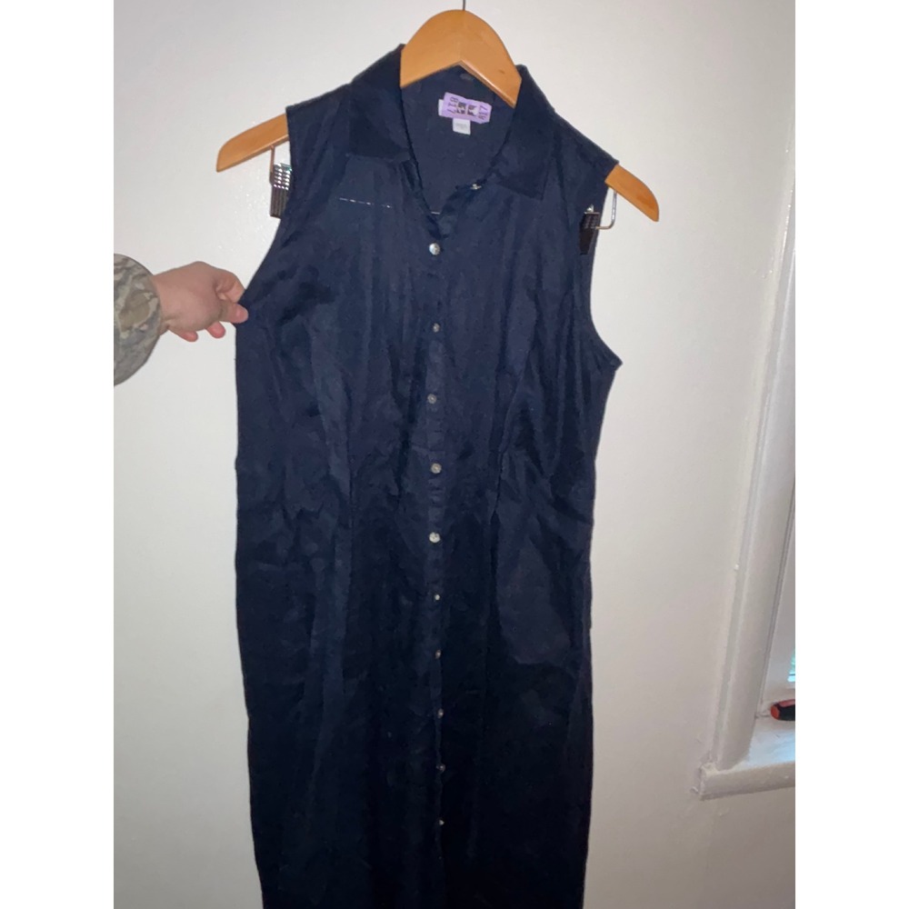 J. Jill Love Linen Shirt Dress Womens Sz XS Navy Blue Sleeveless‎ Midi Button Up